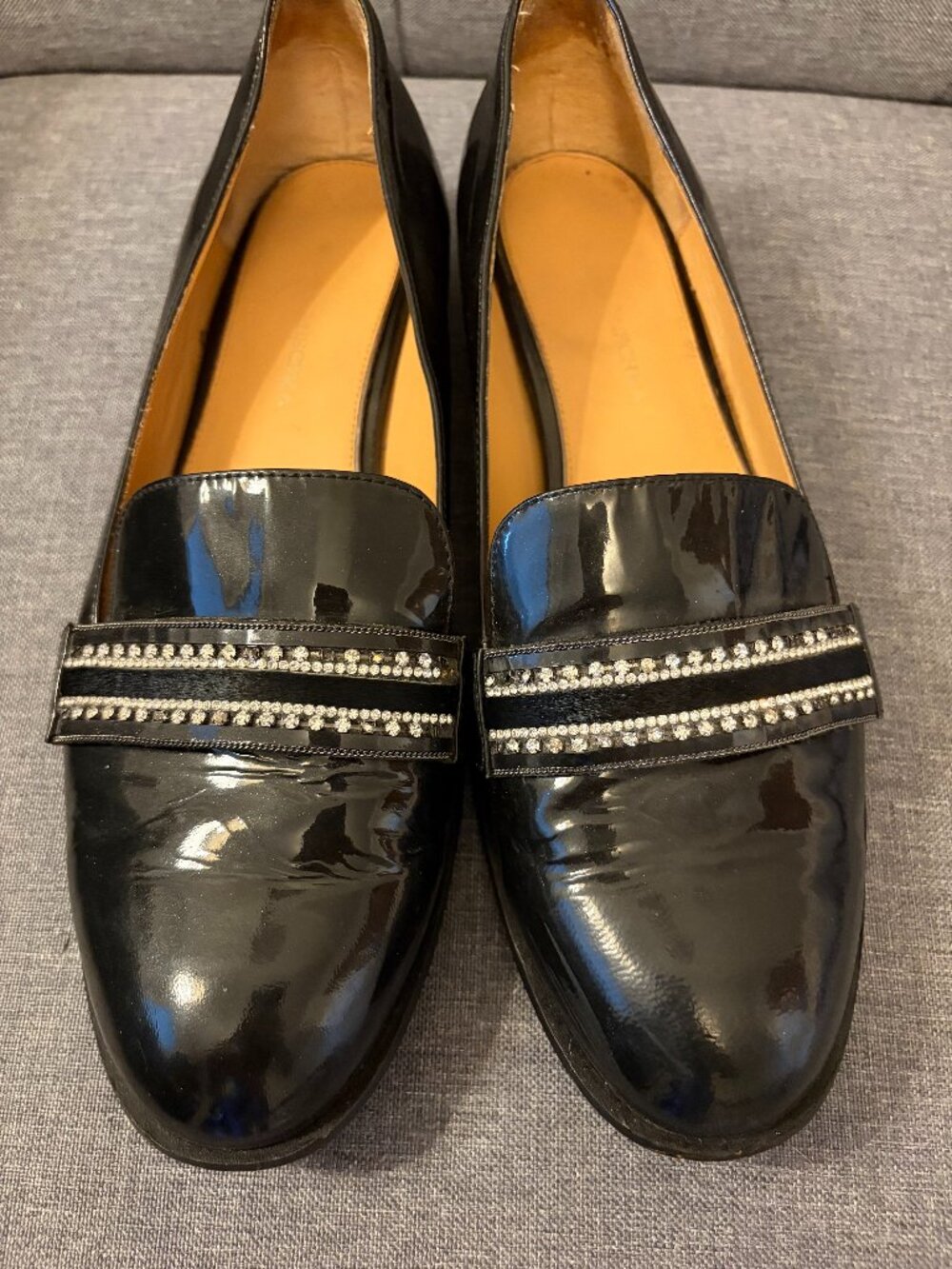 Badgley Mischka Black Patent Loafers Rhinestone Strap Slip On Size 9.5